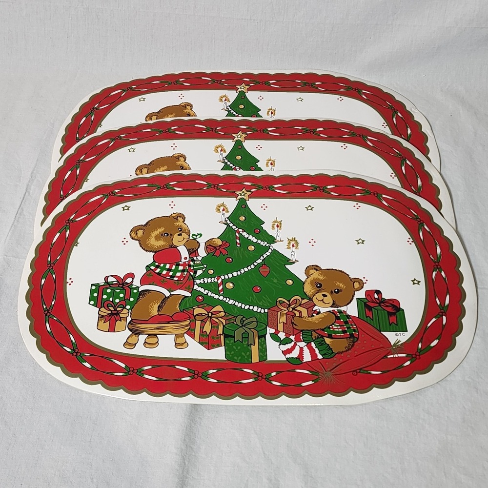 Christmas Bears Oval Vinyl Placemats Lot of 3 Vintage Town and Country 1980s